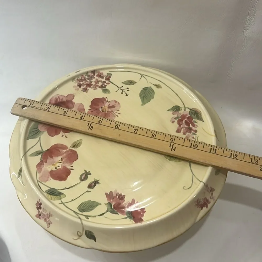 Pfaltzgraff Silk Rose Cake Plate Stand 12 In Round Creamy Yellow Pink Green